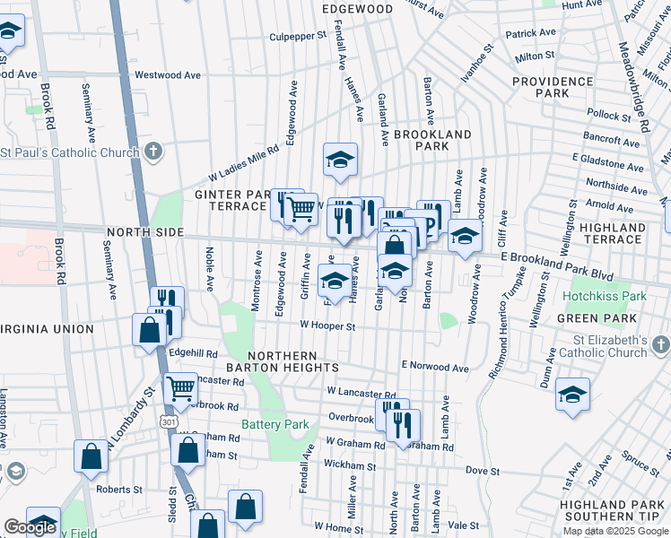 map of restaurants, bars, coffee shops, grocery stores, and more near 2911 Fendall Avenue in Richmond