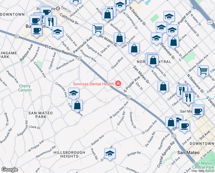 map of restaurants, bars, coffee shops, grocery stores, and more near 5 West Bellevue Avenue in San Mateo