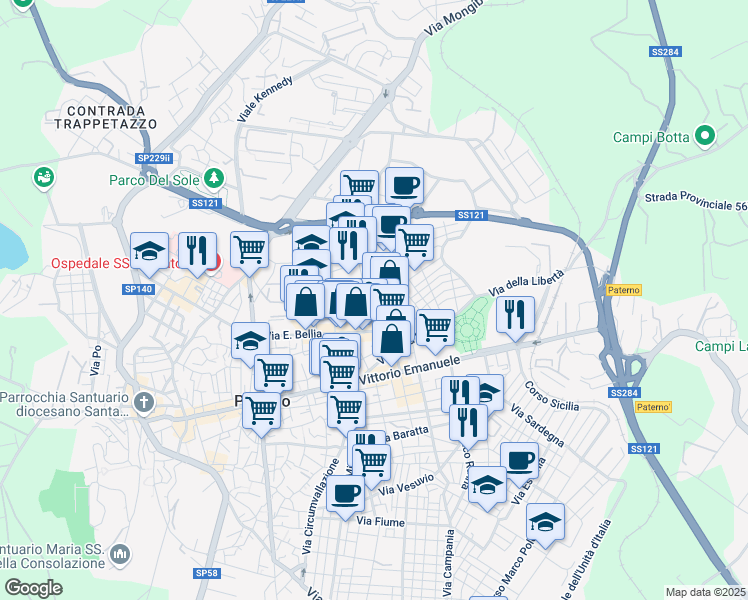 map of restaurants, bars, coffee shops, grocery stores, and more near 60 Via Torquato Tasso in Paternò