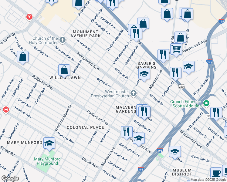 map of restaurants, bars, coffee shops, grocery stores, and more near 4307 Wythe Avenue in Richmond