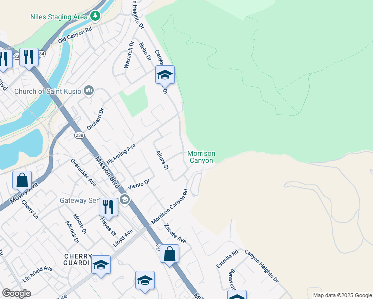 map of restaurants, bars, coffee shops, grocery stores, and more near 583 Woodward Place in Fremont