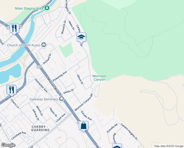 map of restaurants, bars, coffee shops, grocery stores, and more near 583 Woodward Place in Fremont
