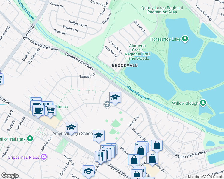 map of restaurants, bars, coffee shops, grocery stores, and more near 3148 Kipling Place in Fremont