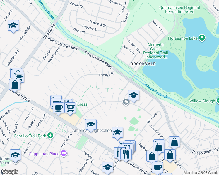map of restaurants, bars, coffee shops, grocery stores, and more near 3327 Churchill Court in Fremont