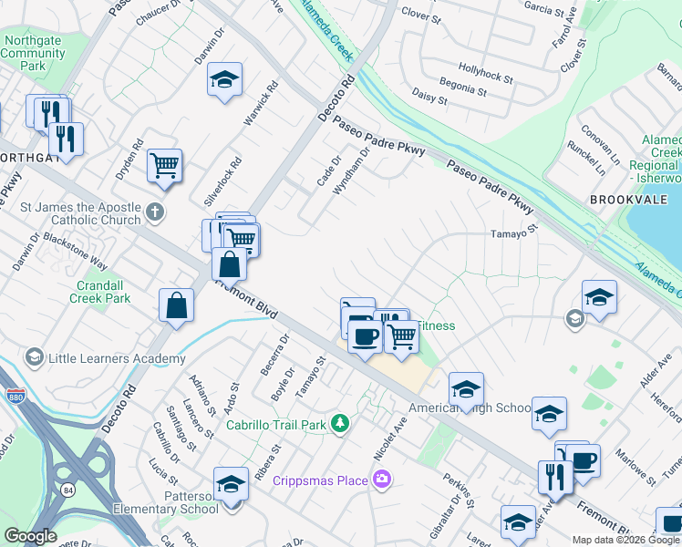 map of restaurants, bars, coffee shops, grocery stores, and more near 35397 Ronda Court in Fremont