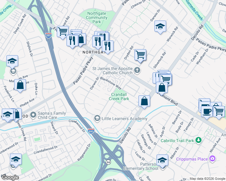 map of restaurants, bars, coffee shops, grocery stores, and more near 4229 Pecos Avenue in Fremont