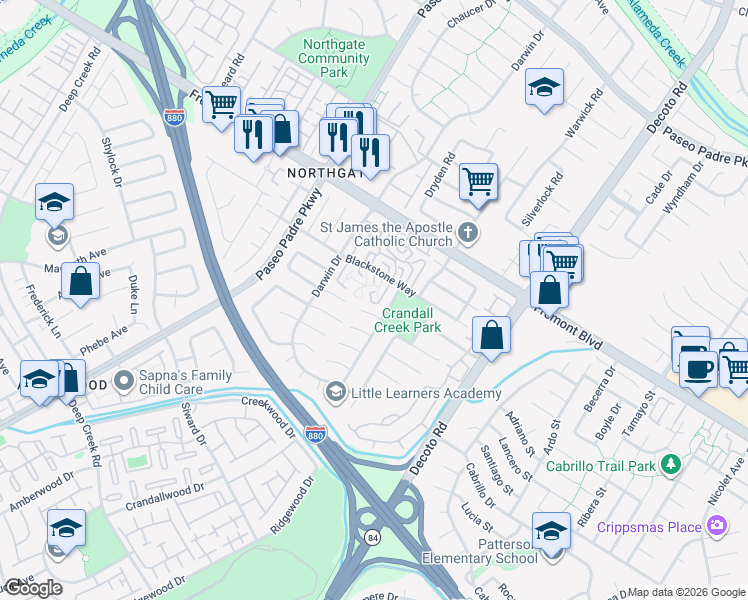 map of restaurants, bars, coffee shops, grocery stores, and more near 4229 Pecos Avenue in Fremont