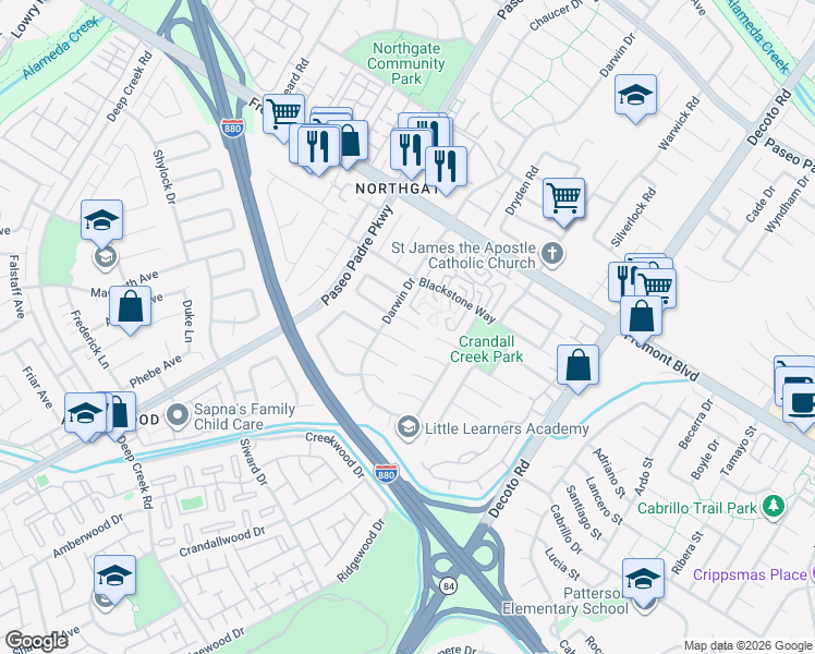 map of restaurants, bars, coffee shops, grocery stores, and more near 34589 Shenandoah Place in Fremont