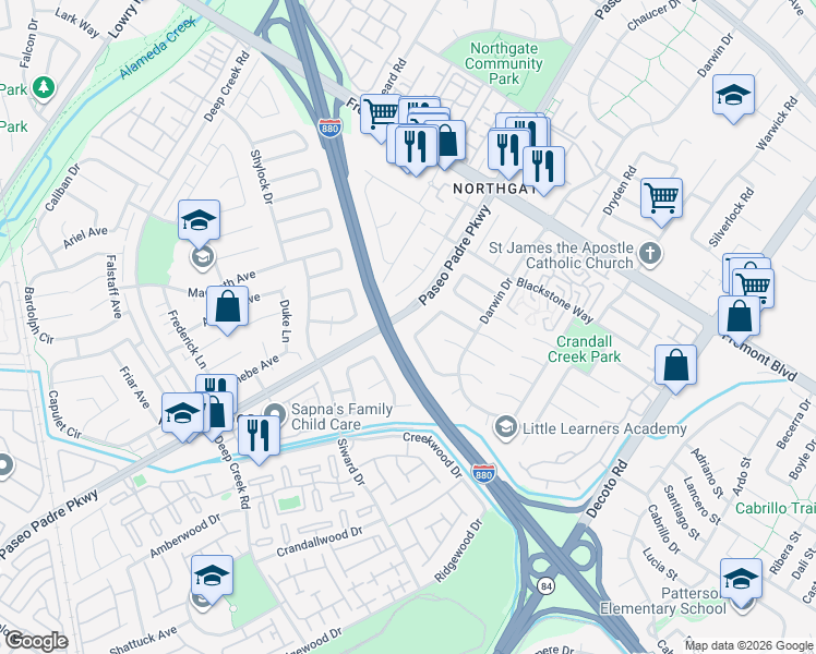 map of restaurants, bars, coffee shops, grocery stores, and more near 34485 Salinas Place in Fremont