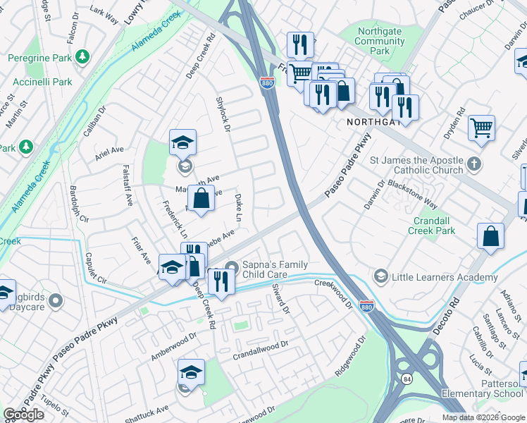 map of restaurants, bars, coffee shops, grocery stores, and more near 34278 Lennox Court in Fremont