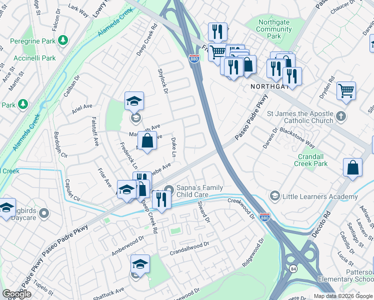 map of restaurants, bars, coffee shops, grocery stores, and more near 34278 Lennox Court in Fremont