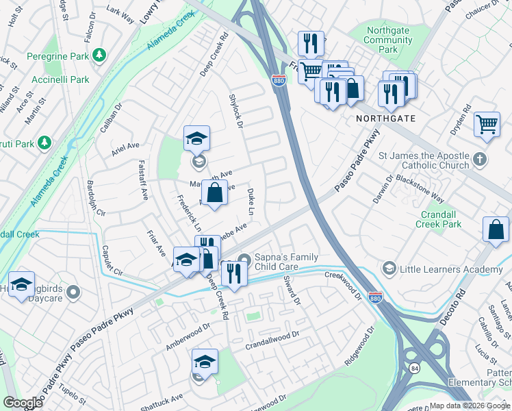 map of restaurants, bars, coffee shops, grocery stores, and more near 34178 Duke Lane in Fremont