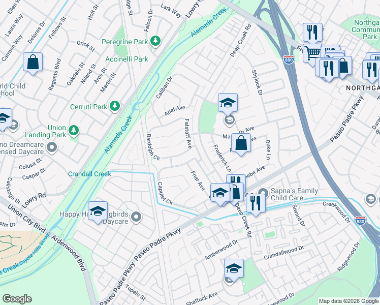 map of restaurants, bars, coffee shops, grocery stores, and more near 33478 Bardolph Circle in Fremont