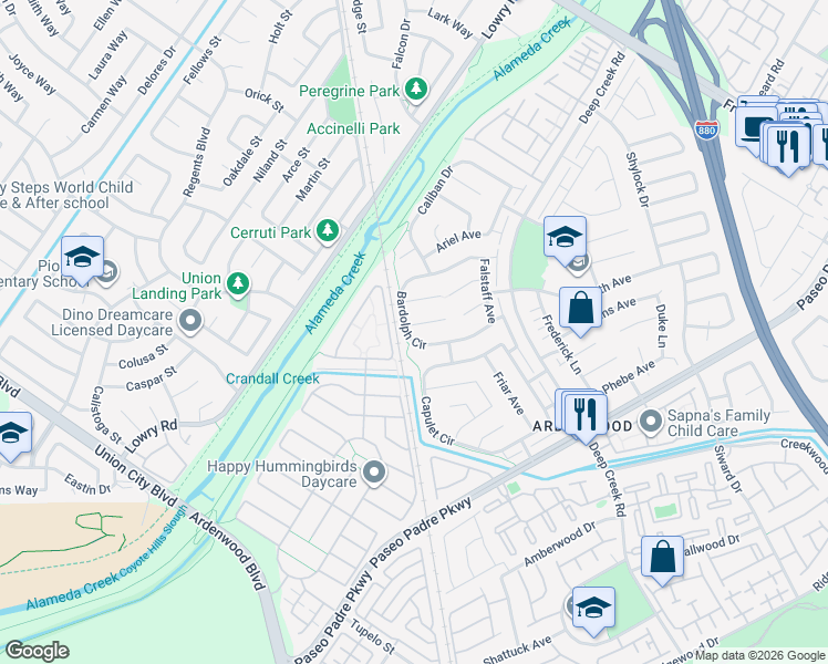 map of restaurants, bars, coffee shops, grocery stores, and more near 4851 Barndance Street in Fremont