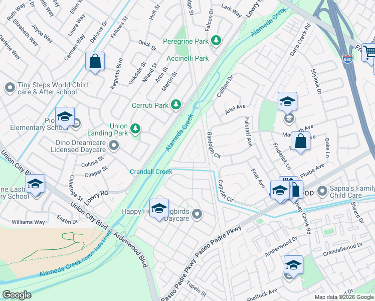 map of restaurants, bars, coffee shops, grocery stores, and more near 33826 Farmhouse Street in Fremont