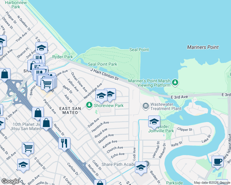 map of restaurants, bars, coffee shops, grocery stores, and more near 1771 Cottage Grove Avenue in San Mateo