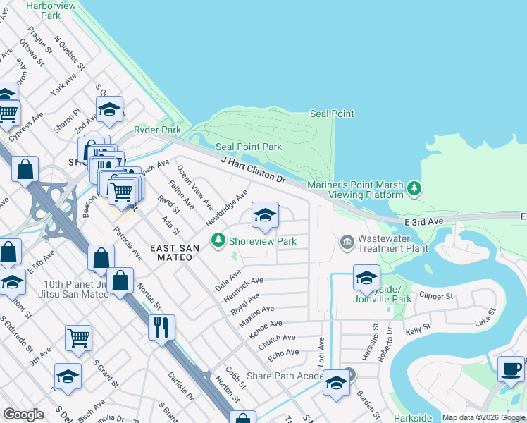 map of restaurants, bars, coffee shops, grocery stores, and more near 1771 Cottage Grove Avenue in San Mateo