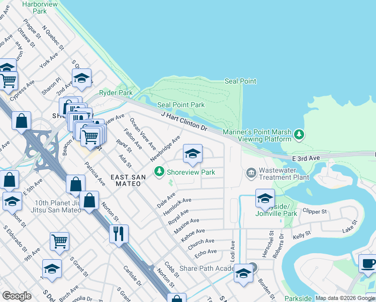 map of restaurants, bars, coffee shops, grocery stores, and more near 1771 Cottage Grove Avenue in San Mateo