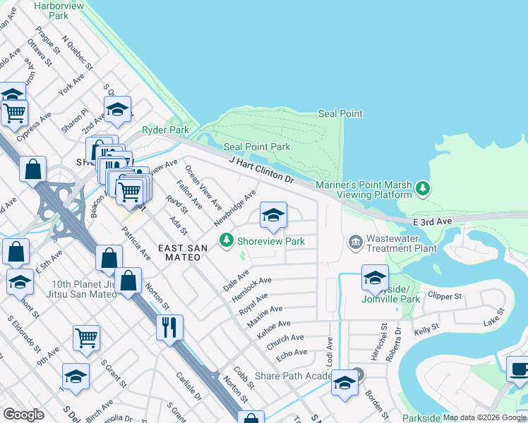 map of restaurants, bars, coffee shops, grocery stores, and more near 1771 Cottage Grove Avenue in San Mateo