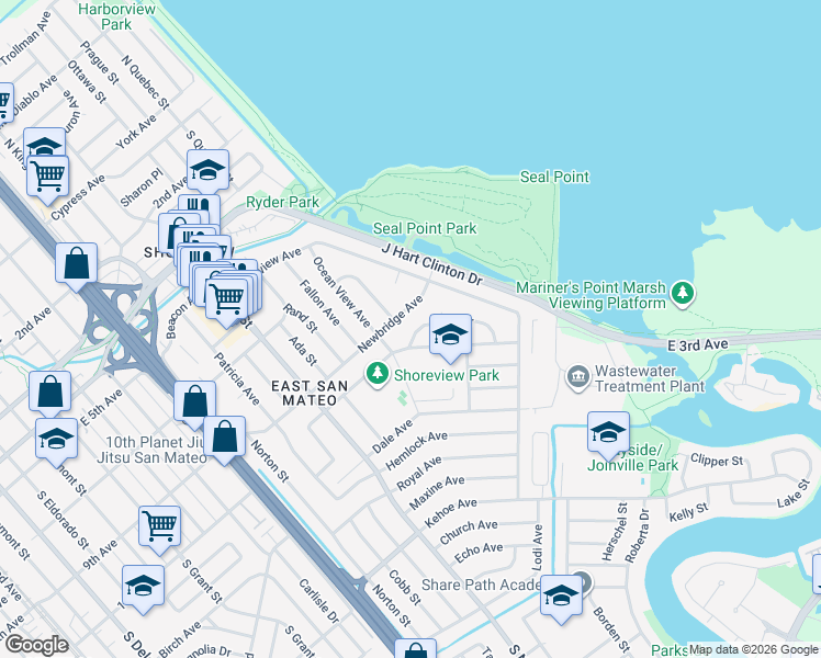 map of restaurants, bars, coffee shops, grocery stores, and more near 1723 Cottage Grove Avenue in San Mateo
