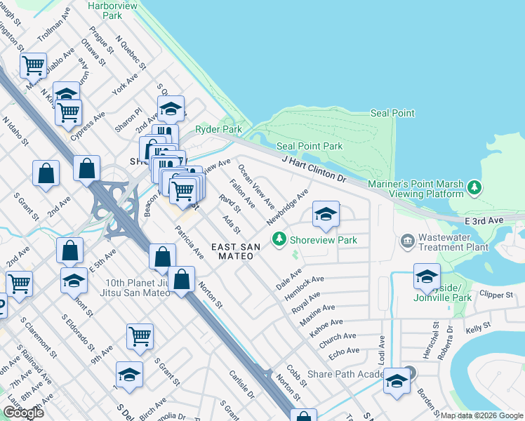map of restaurants, bars, coffee shops, grocery stores, and more near 832 Fallon Avenue in San Mateo