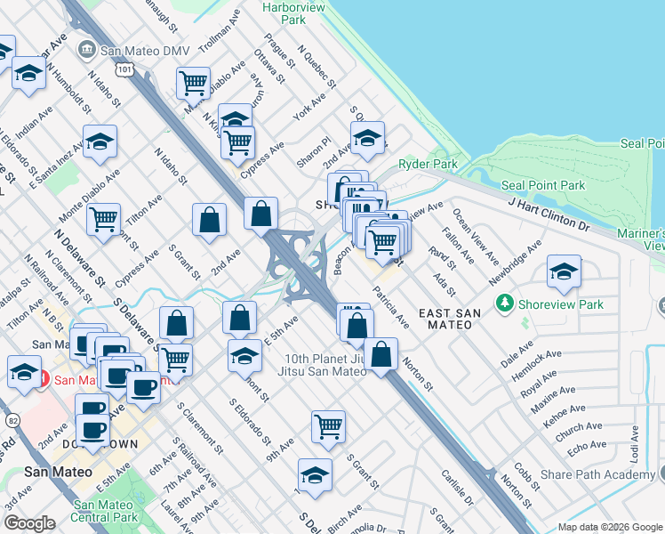 map of restaurants, bars, coffee shops, grocery stores, and more near in San Mateo