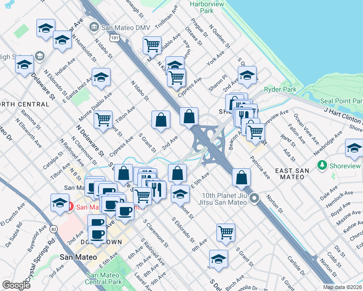 map of restaurants, bars, coffee shops, grocery stores, and more near 236 South Idaho Street in San Mateo