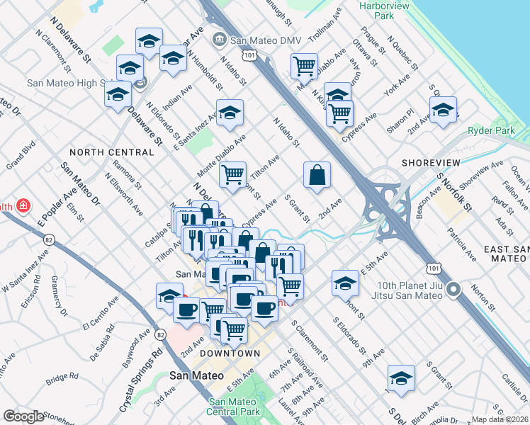map of restaurants, bars, coffee shops, grocery stores, and more near 701 Cypress Avenue in San Mateo