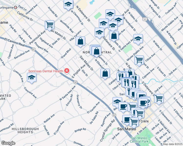 map of restaurants, bars, coffee shops, grocery stores, and more near 247 North San Mateo Drive in San Mateo