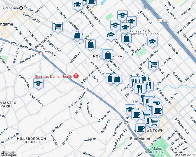 map of restaurants, bars, coffee shops, grocery stores, and more near 313 Elm Street in San Mateo