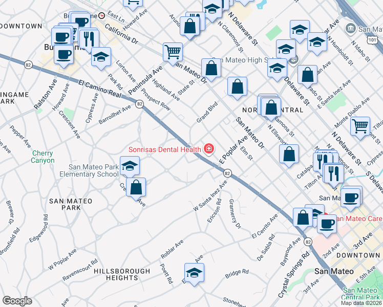 map of restaurants, bars, coffee shops, grocery stores, and more near 10 Hilltop Road in San Mateo