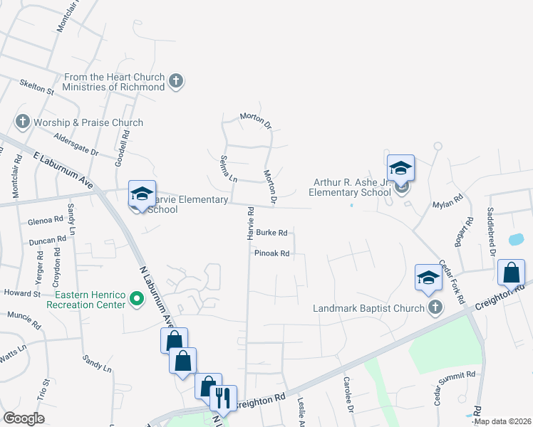 map of restaurants, bars, coffee shops, grocery stores, and more near 3610 Harvie Road in Richmond