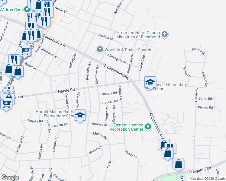 map of restaurants, bars, coffee shops, grocery stores, and more near 3115 Glenoa Road in Richmond