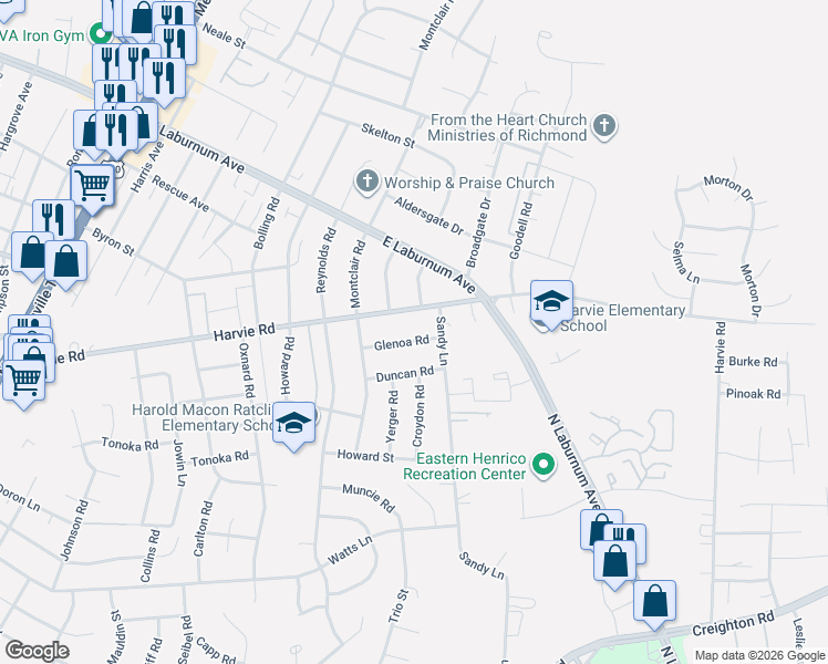 map of restaurants, bars, coffee shops, grocery stores, and more near 3115 Glenoa Road in Richmond