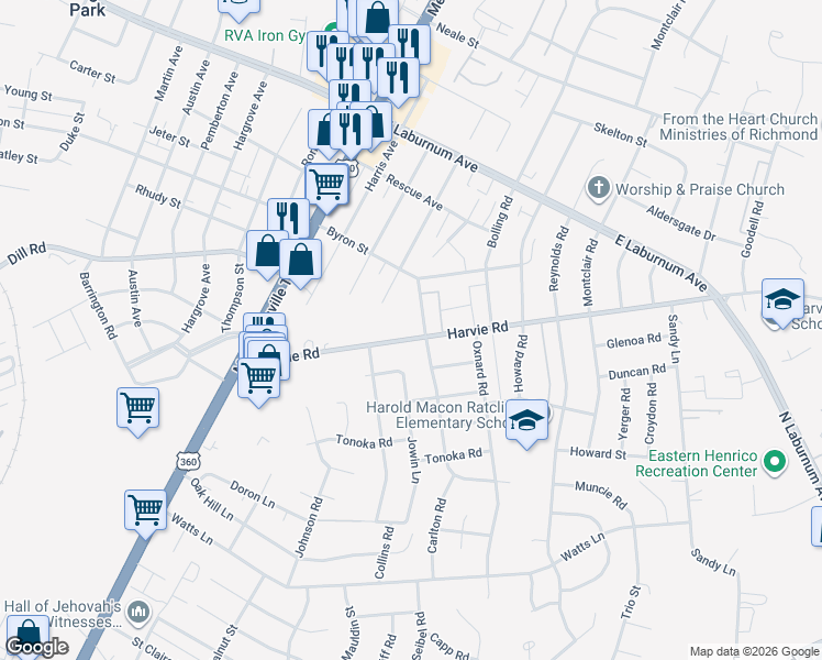 map of restaurants, bars, coffee shops, grocery stores, and more near 2617 Harvie Road in Richmond