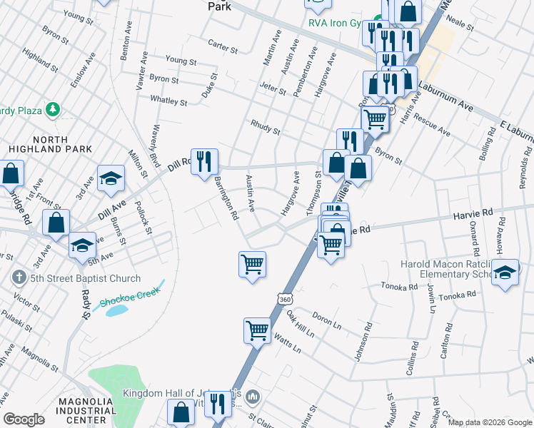 map of restaurants, bars, coffee shops, grocery stores, and more near 1900 Yeadon Road in Richmond