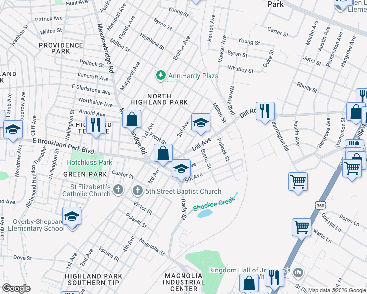 map of restaurants, bars, coffee shops, grocery stores, and more near 3102 Utah Place in Richmond