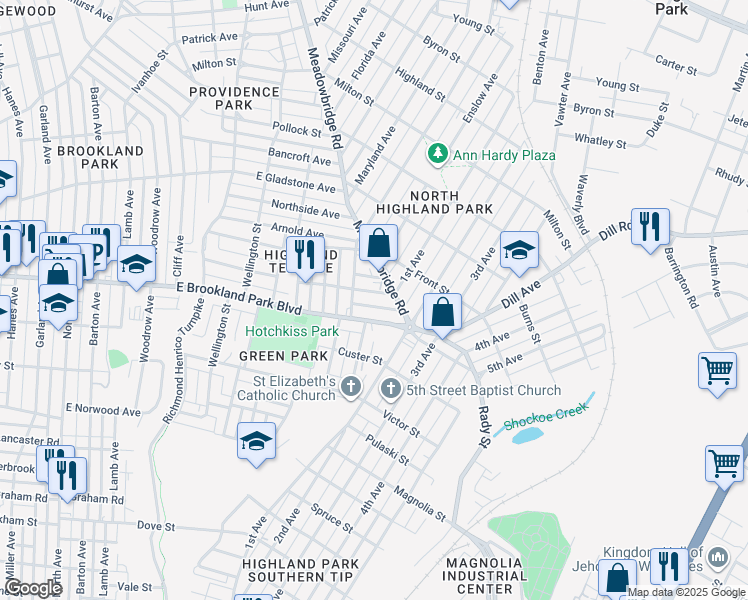 map of restaurants, bars, coffee shops, grocery stores, and more near 1216 East Brookland Park Boulevard in Richmond
