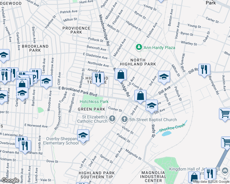 map of restaurants, bars, coffee shops, grocery stores, and more near 1100 East Brookland Park Boulevard in Richmond