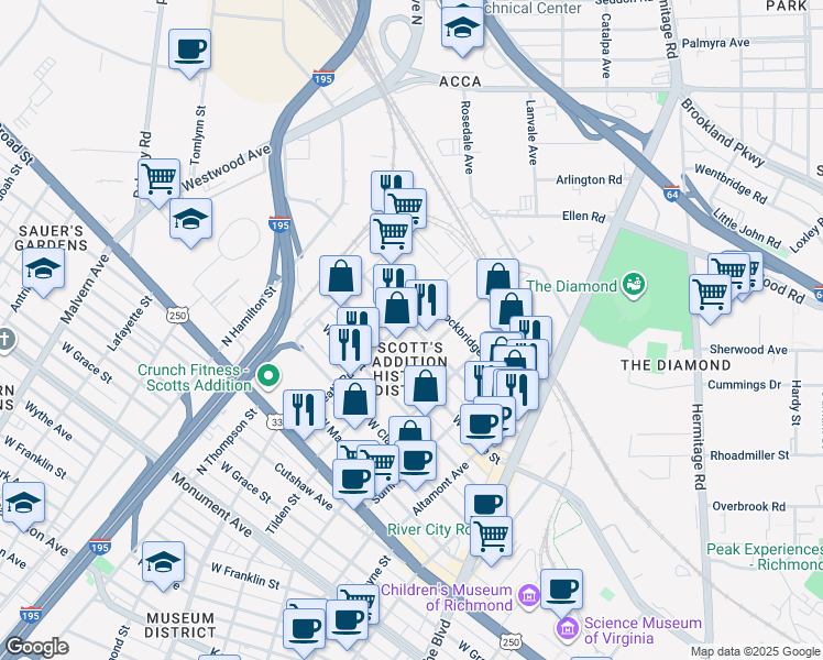 map of restaurants, bars, coffee shops, grocery stores, and more near 1601 Roseneath Road in Richmond