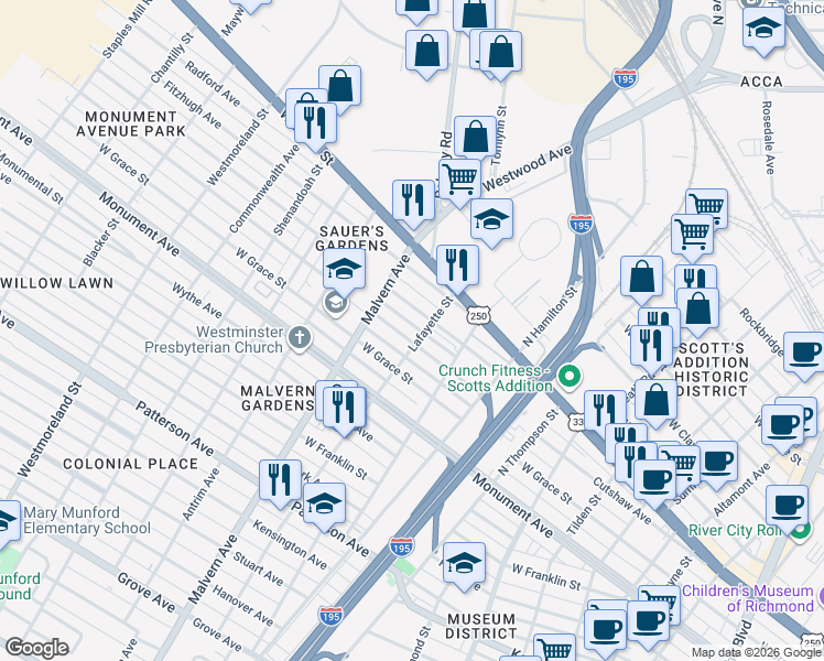 map of restaurants, bars, coffee shops, grocery stores, and more near 4009 Cutshaw Avenue in Richmond