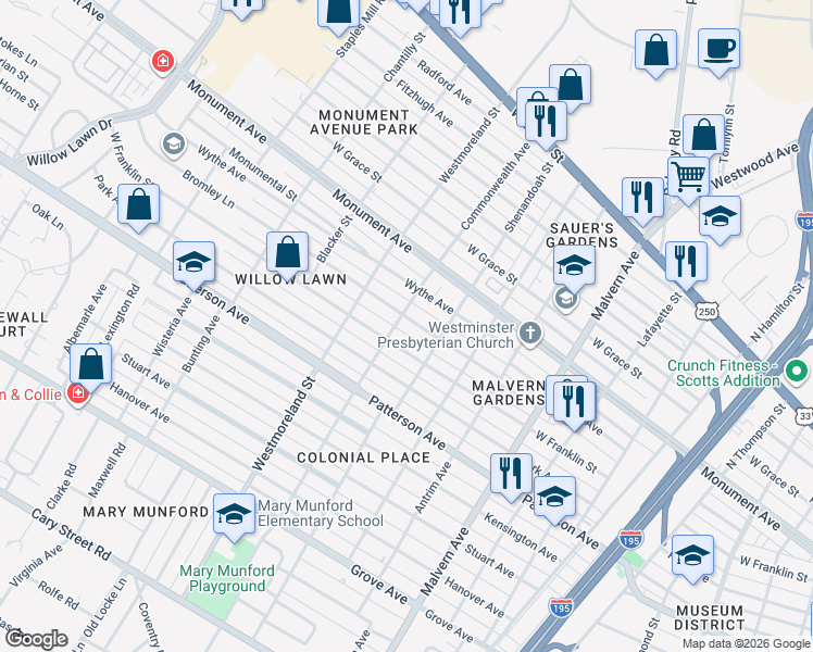 map of restaurants, bars, coffee shops, grocery stores, and more near 4412 West Franklin Street in Richmond