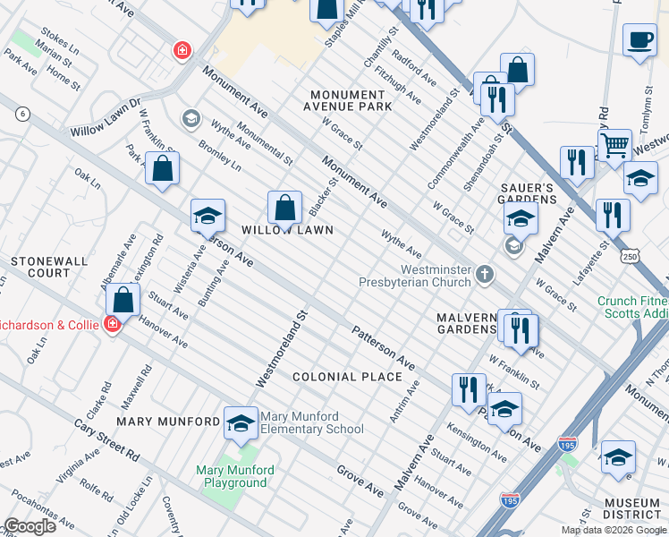 map of restaurants, bars, coffee shops, grocery stores, and more near 4509 West Franklin Street in Richmond