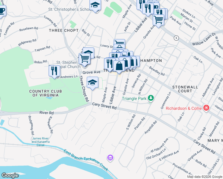 map of restaurants, bars, coffee shops, grocery stores, and more near 91 Maple Avenue in Richmond