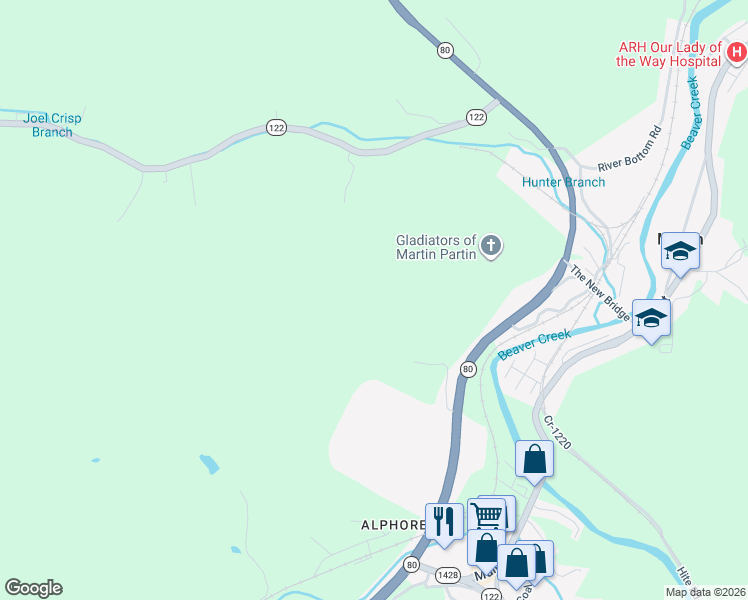 map of restaurants, bars, coffee shops, grocery stores, and more near 128 Autumn Drive in Martin