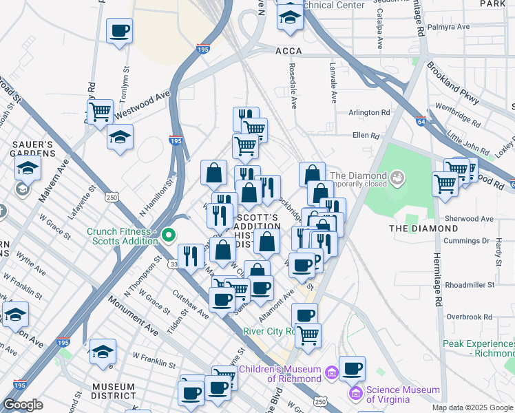 map of restaurants, bars, coffee shops, grocery stores, and more near 1661 Roseneath Road in Richmond
