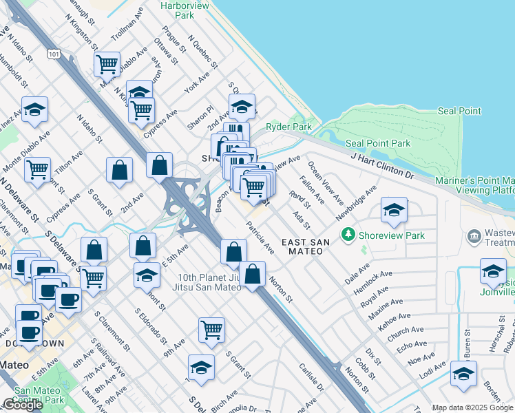 map of restaurants, bars, coffee shops, grocery stores, and more near Cary Avenue in San Mateo