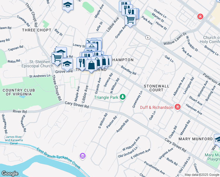 map of restaurants, bars, coffee shops, grocery stores, and more near 104 North Wilton Road in Richmond