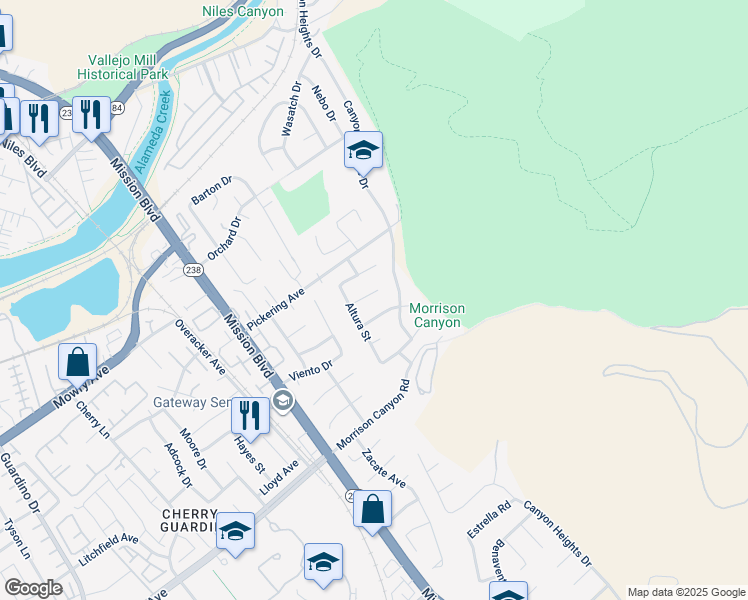 map of restaurants, bars, coffee shops, grocery stores, and more near 499 Altura Place in Fremont