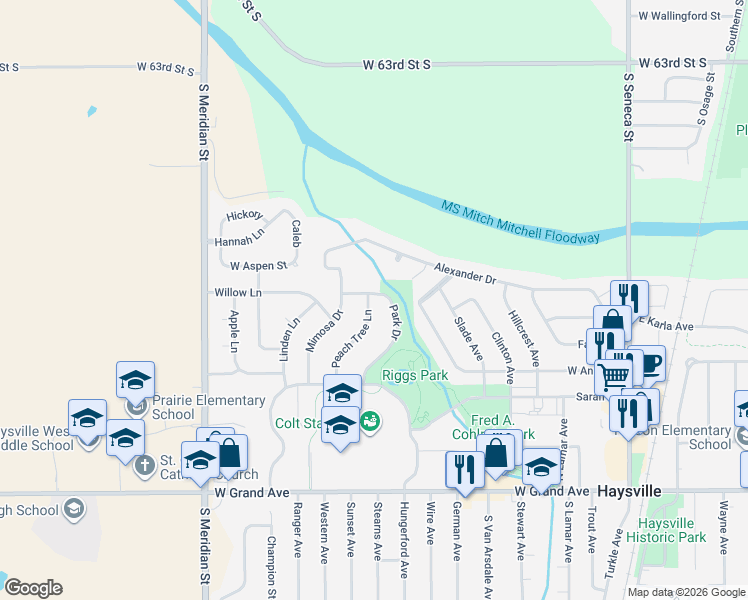 map of restaurants, bars, coffee shops, grocery stores, and more near 421 North Peach Tree in Haysville